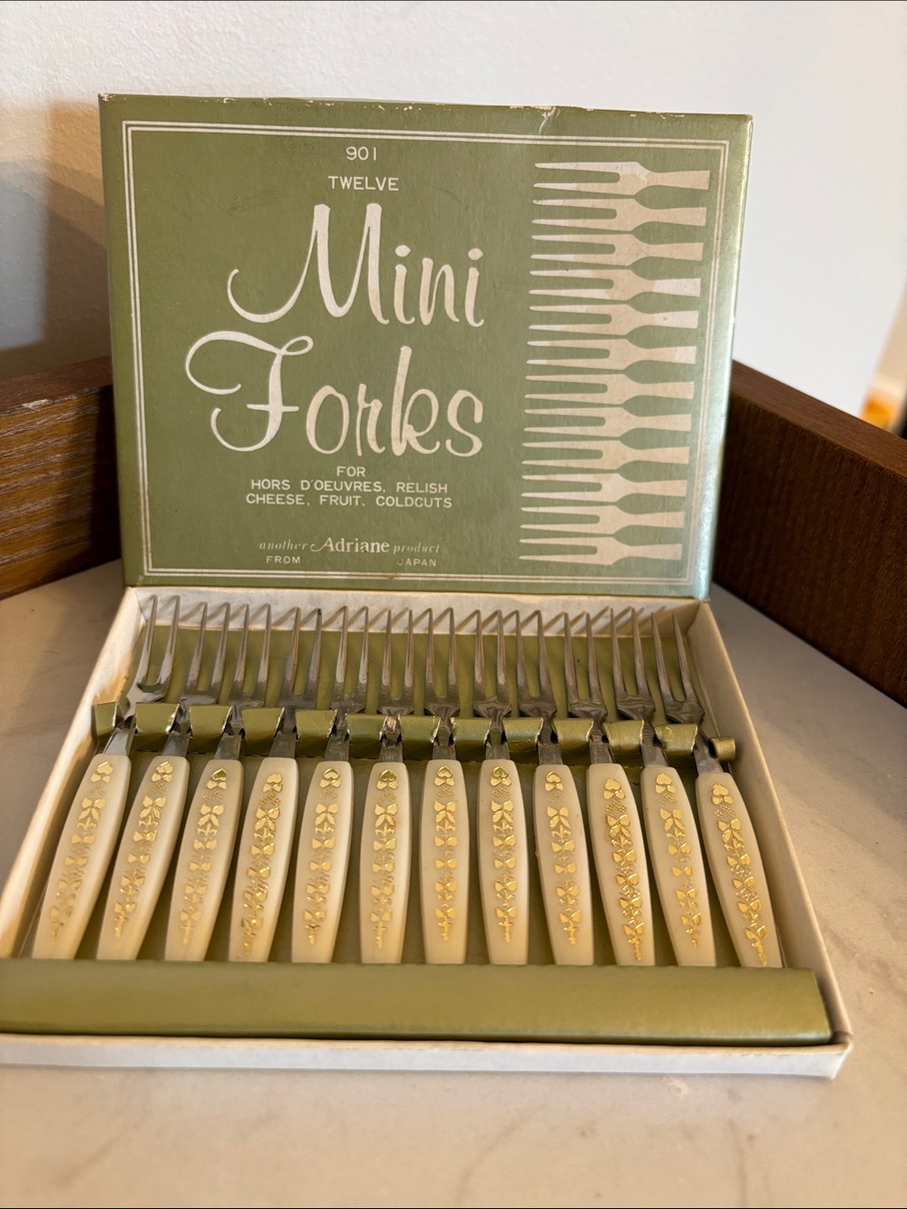 Vintage Mini Forks Set - Relish/ Olive Green Handles with Gold Floral detail.
